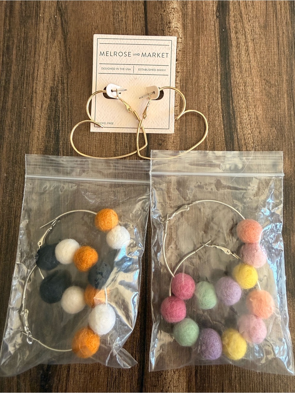 Lot Of 3 Pairs Of Earrings - Loop Heart Gold Tone - 2 Fuzzy Balls Hoops